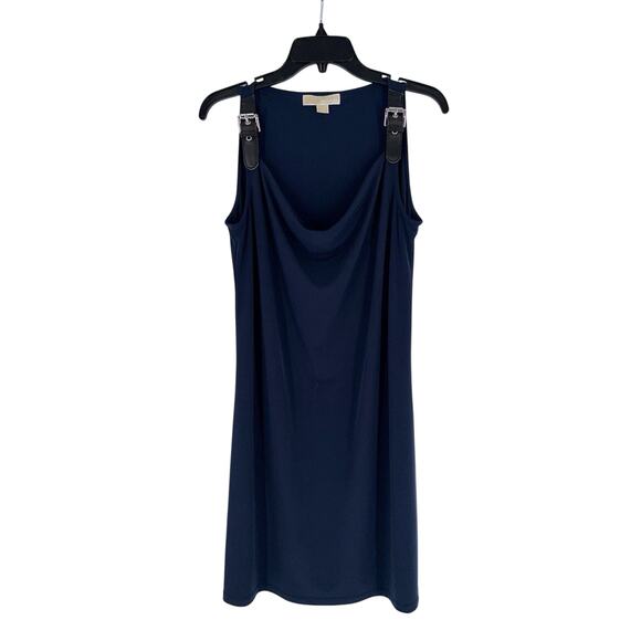 MICHAEL‎ Michael Kors Tank Dress Buckle Accent Navy Large Sleeveless Draped Neck - Picture 1 of 8